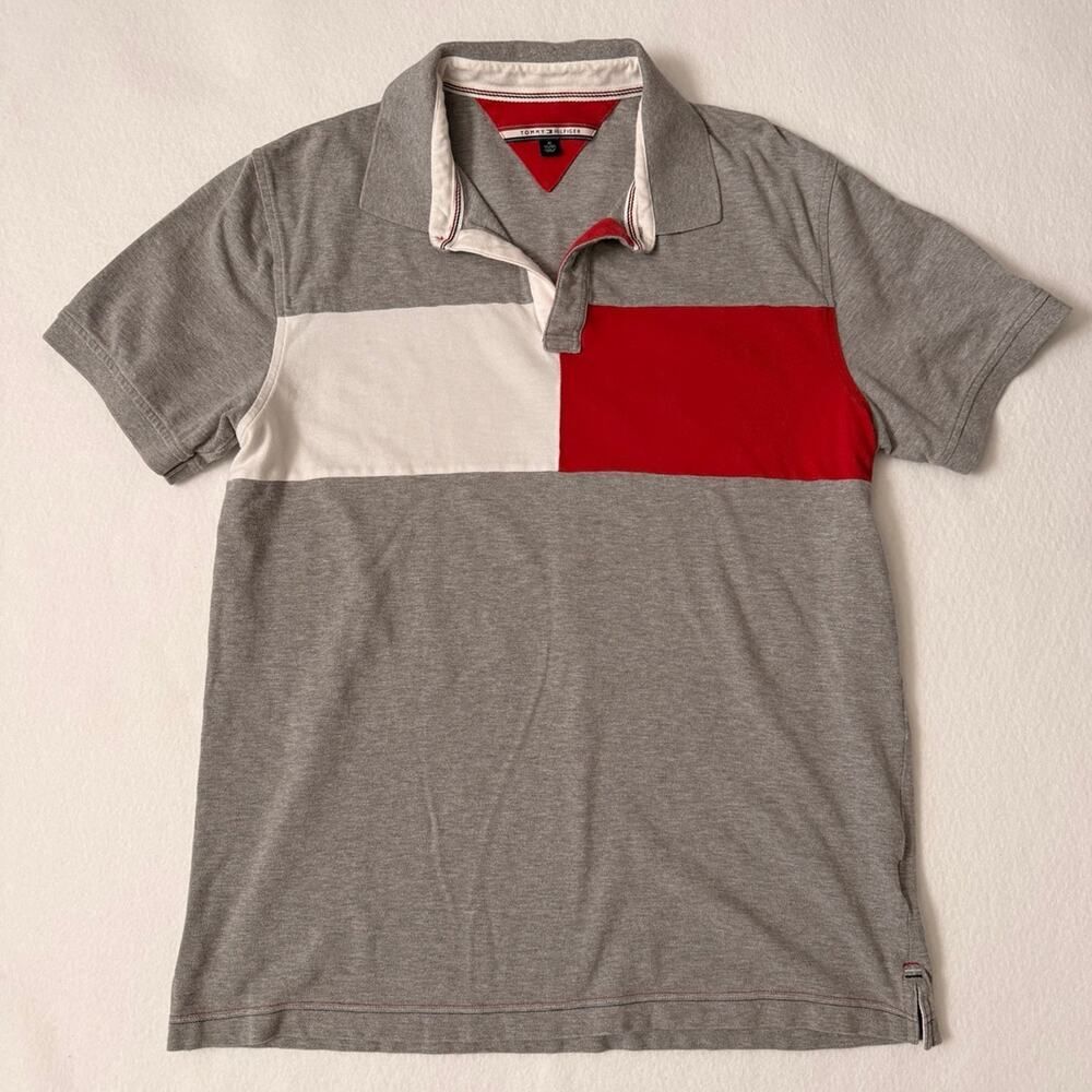 Tommy Hilfiger Colorblock Polo Shirt Men’s XL Gray White Red